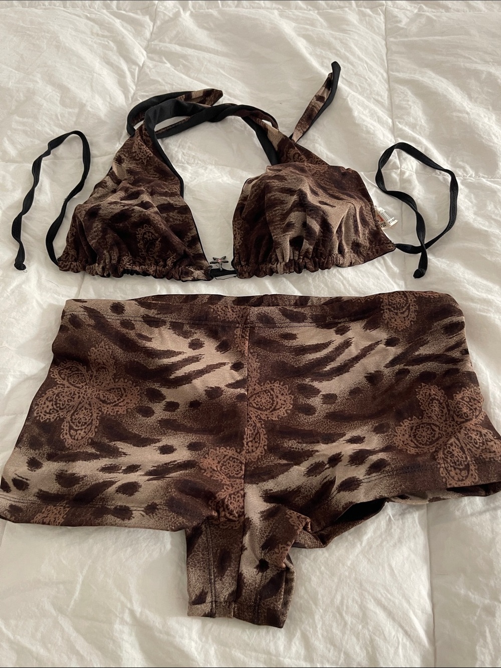 Brown Printed Halter Bralette & Boyshorts Set